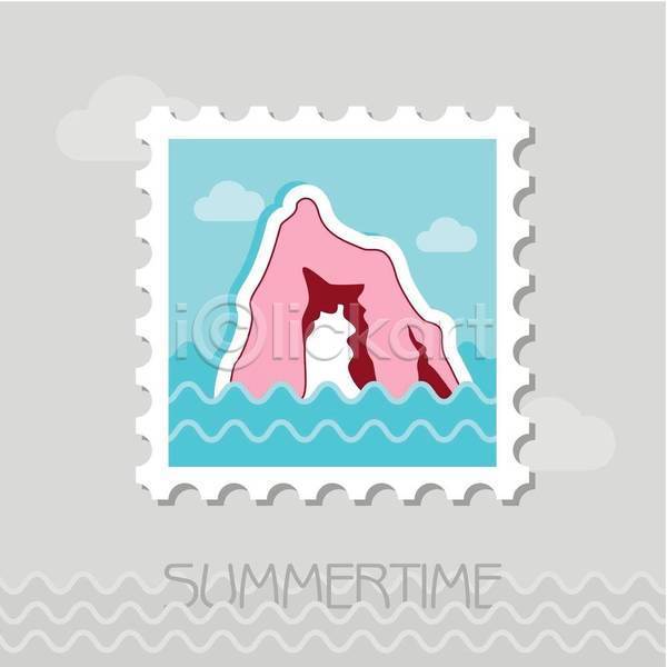 사람없음 EPS 일러스트 해외이미지 구름(자연) 바다 바위(돌) 분홍색 여름(계절) 우표 하늘색