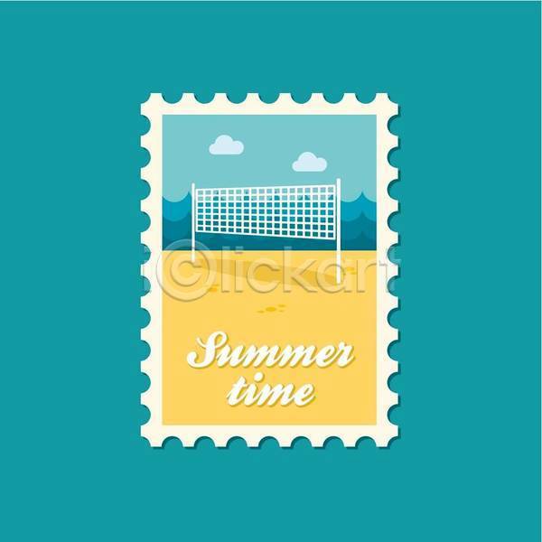 사람없음 EPS 일러스트 해외이미지 네트 노란색 비치발리볼 여름(계절) 우표 하늘색 해변