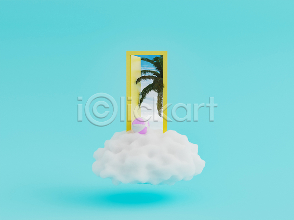 사람없음 3D JPG 포토 해외이미지 구름(자연) 문 비치볼 야자수잎 여름(계절) 오픈 하늘색