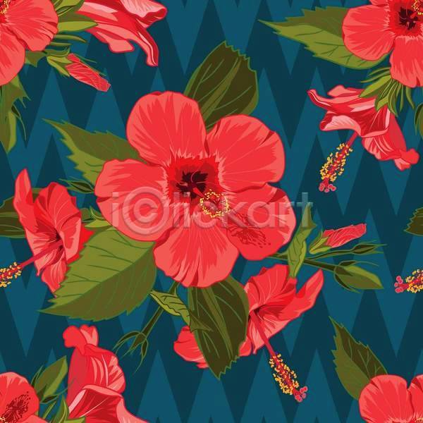시원함 사람없음 EPS 일러스트 해외이미지 꽃무늬 남색 백그라운드 빨간색 여름(계절) 열대꽃 잎 패턴 패턴백그라운드 히비스커스