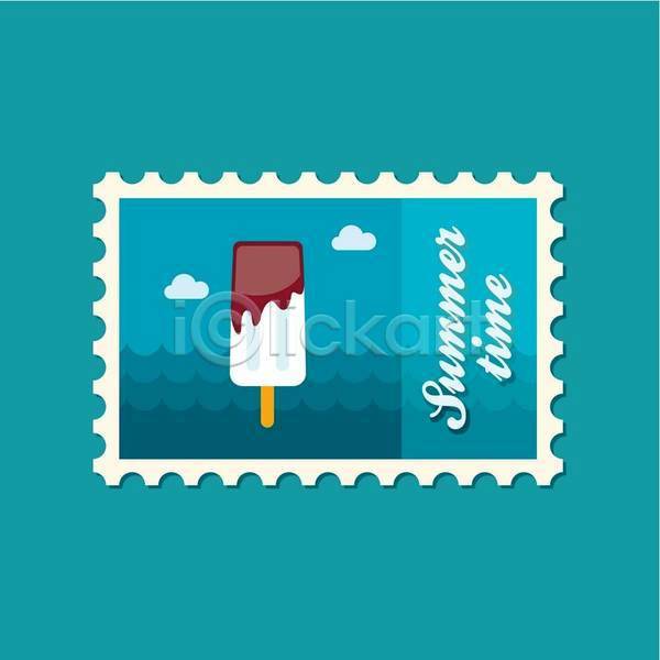 달콤 사람없음 EPS 일러스트 해외이미지 구름(자연) 막대아이스크림 바다 여름(계절) 우표 파란색