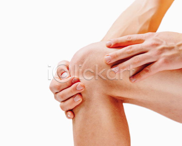 고통 신체부위 JPG 포토 해외이미지 다리(신체부위) 무릎 무릎통증 손 실내 잡기 흰배경
