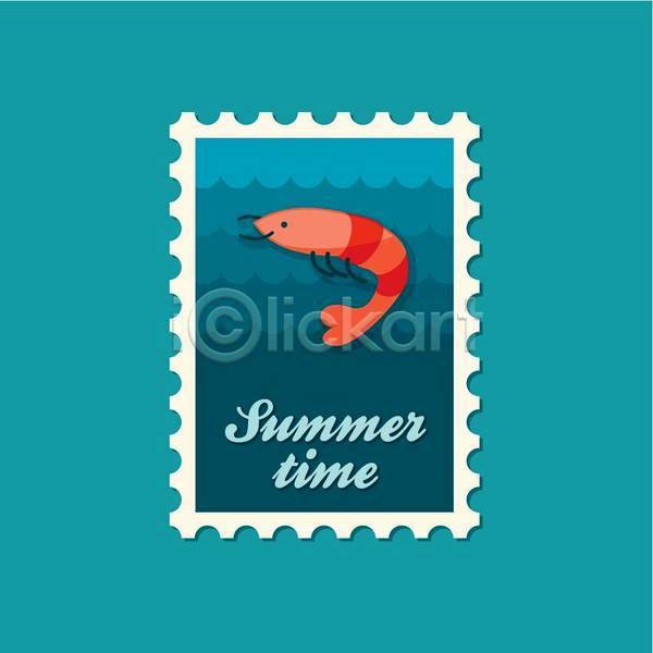 사람없음 EPS 일러스트 해외이미지 바다 빨간색 새우 여름(계절) 우표 파란색 한마리