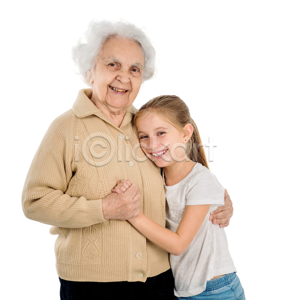 노년 두명 소녀(어린이) 어린이 여자 여자만 JPG 앞모습 포토 해외이미지 가족 미소(표정) 상반신 손녀 손잡기 실내 어깨에손 응시 조부모 할머니 흰배경