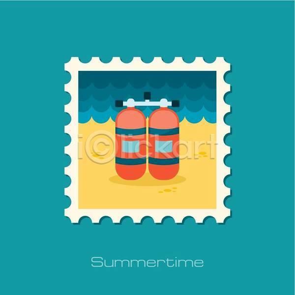 사람없음 EPS 일러스트 해외이미지 노란색 산소통 여름(계절) 우표 주황색 파란색 해변