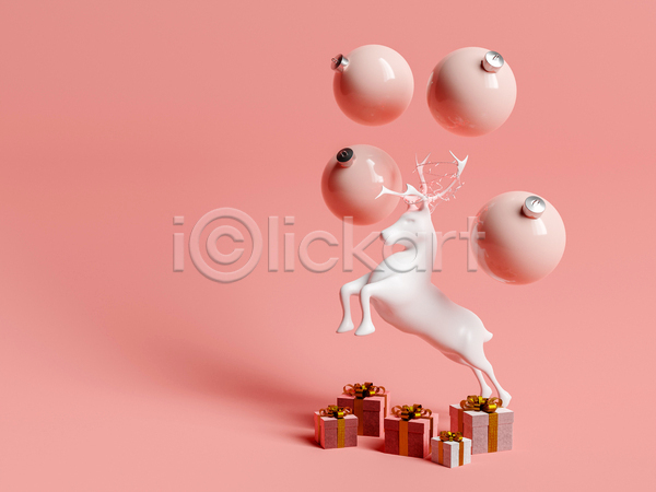 사람없음 3D JPG 포토 해외이미지 공 분홍색 선물상자 순록 장식 크리스마스 크리스마스장식