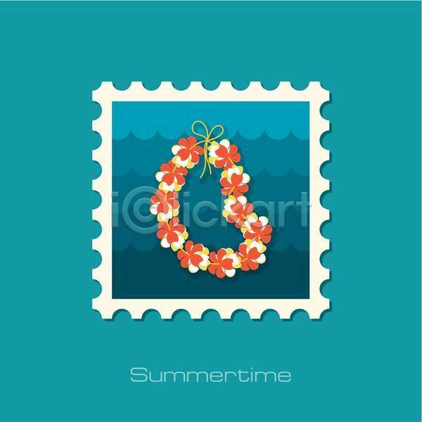 사람없음 EPS 일러스트 해외이미지 꽃목걸이 리본 여름(계절) 우표 파란색 하와이무궁화 히비스커스