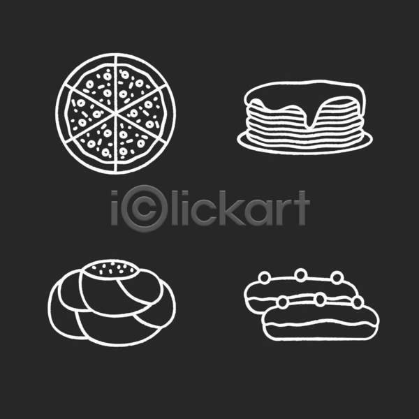 사람없음 EPS 일러스트 해외이미지 검은색 그림 디자인 디저트 롤빵 빵 쌓기 에클레어 요리 패스츄리 팬케이크 피자 흰색