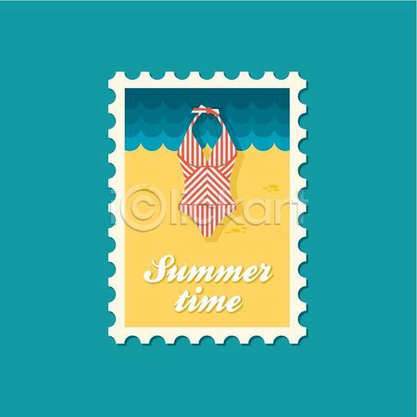 사람없음 EPS 일러스트 해외이미지 디자인 바캉스 수영복 여름(계절) 여름휴가 우표 해변 휴가용품