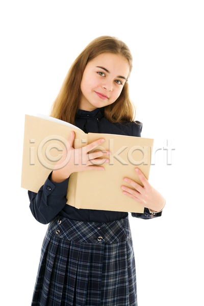 10대 백인 십대여자한명만 여자 청소년 한명 JPG 앞모습 포토 해외이미지 독서 들기 상반신 실내 여학생 책 흰배경