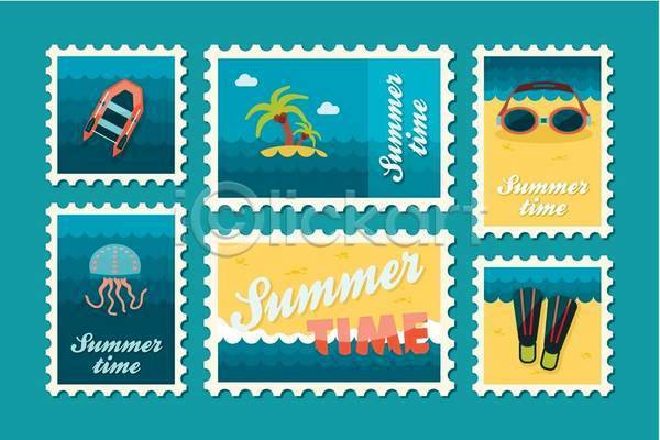 사람없음 EPS 일러스트 해외이미지 디자인 물안경 바다 바캉스 보트 섬 세트 야자수 여름(계절) 여름휴가 오리발 우표 해변 해파리