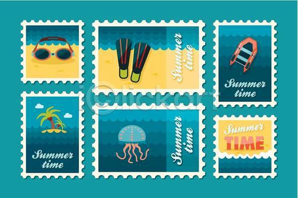 사람없음 EPS 일러스트 해외이미지 디자인 물안경 바다 바캉스 보트 섬 세트 야자수 여름(계절) 여름휴가 오리발 우표 해변 해파리 휴가