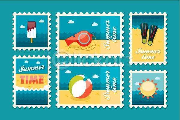 사람없음 EPS 일러스트 해외이미지 디자인 바다 비치볼 세트 아이스크림 여름(계절) 오리발 우표 태양 해변 호루라기