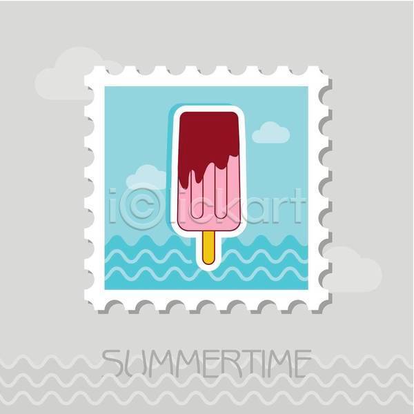사람없음 EPS 일러스트 해외이미지 구름(자연) 디자인 바다 아이스크림 여름(계절) 우표