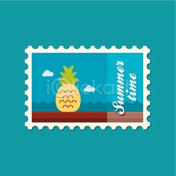 사람없음 EPS 일러스트 해외이미지 디자인 바다 여름(계절) 우표 파인애플 해변