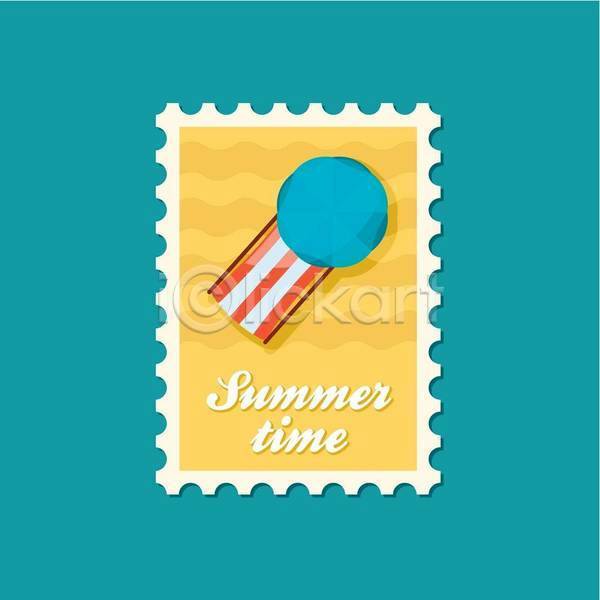 사람없음 EPS 일러스트 해외이미지 디자인 바캉스 선베드 여름(계절) 여름휴가 우표 파라솔 해변