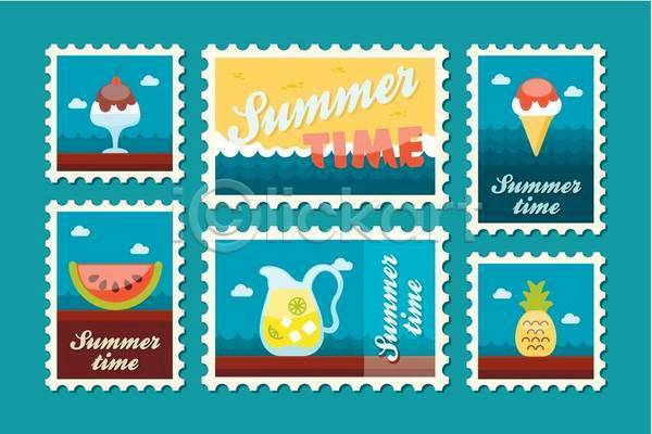 사람없음 EPS 일러스트 해외이미지 디자인 디저트 레모네이드 빙수 수박 수박조각 아이스크림 여름(계절) 우표 유리병 파인애플 하늘 해변