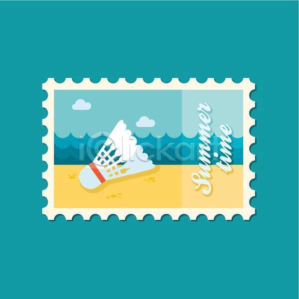 사람없음 EPS 일러스트 해외이미지 디자인 배드민턴 셔틀콕 스포츠 여름(계절) 우표 해변