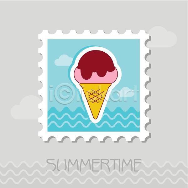 사람없음 EPS 일러스트 해외이미지 구름(자연) 디자인 바다 아이스크림 여름(계절) 우표