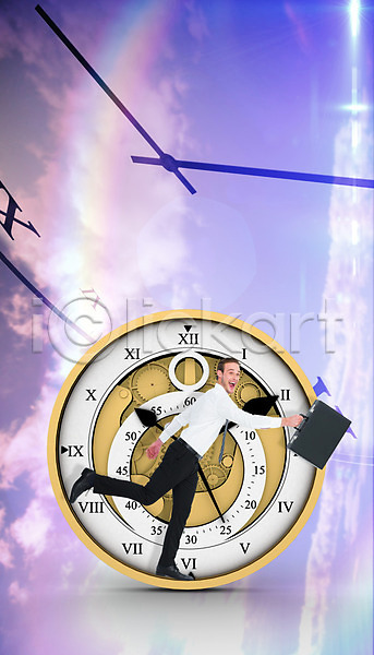 행복 희망 20대 남자 백인 한명 JPG 포토 해외이미지 달리기 디자인 디지털 마감 미소(표정) 비즈니스 비즈니스맨 서류가방 손목시계 시간 시계 잡기 컴퓨터그래픽 파란색 하늘 해외202004