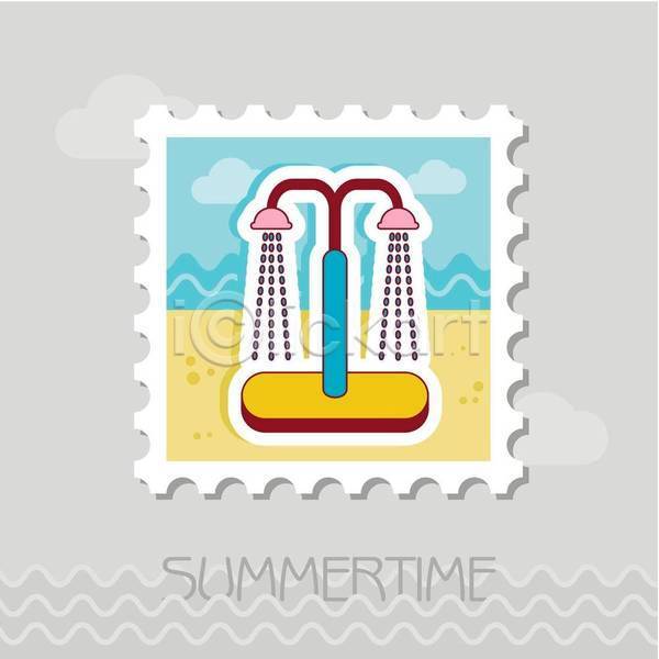 사람없음 EPS 일러스트 해외이미지 디자인 바다 바캉스 샤워실 여름(계절) 여름휴가 우표 해변 해수욕장