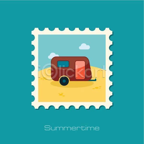 사람없음 EPS 일러스트 해외이미지 구름(자연) 디자인 바캉스 여름(계절) 여름휴가 여행 우표 캠핑 캠핑트레일러 트레일러 해변