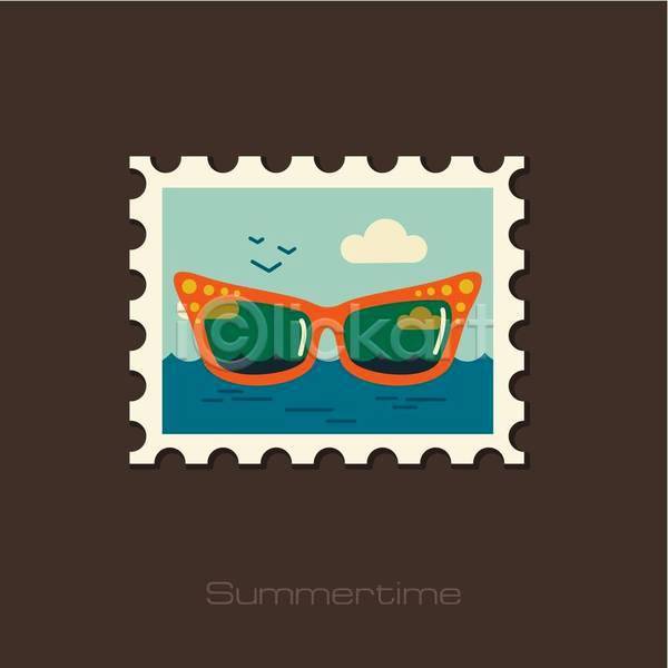 사람없음 EPS 일러스트 해외이미지 구름(자연) 디자인 바다 선글라스 여름(계절) 우표 휴가