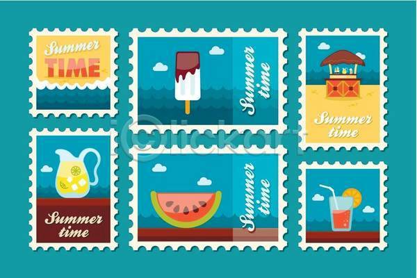 사람없음 EPS 일러스트 해외이미지 디자인 레모네이드 바 바다 바캉스 수박조각 아이스크림 여름(계절) 여름휴가 우표 해변
