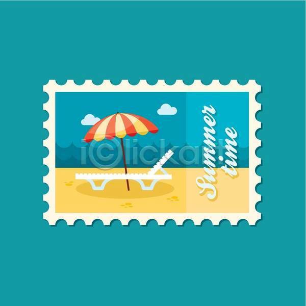 사람없음 EPS 일러스트 해외이미지 노란색 바다 선베드 여름(계절) 우표 파라솔 파란색