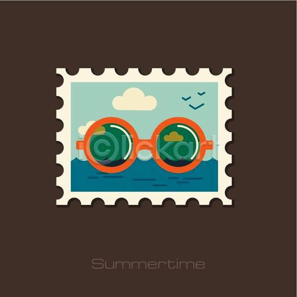 사람없음 EPS 일러스트 해외이미지 갈매기 구름(자연) 바다 선글라스 세마리 여름(계절) 우표 하늘색