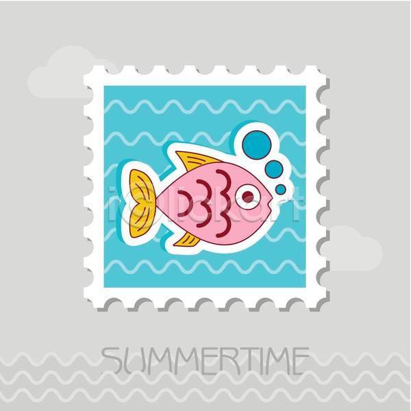사람없음 EPS 일러스트 해외이미지 물방울 분홍색 어류 여름(계절) 우표 하늘색 한마리