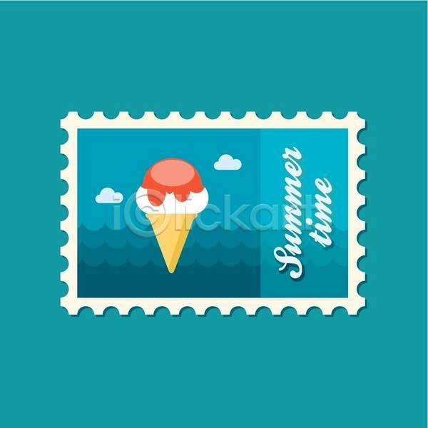 사람없음 EPS 일러스트 해외이미지 바다 여름(계절) 우표 콘아이스크림 파란색