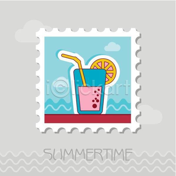 사람없음 EPS 일러스트 해외이미지 레몬 분홍색 빨대 여름(계절) 우표 잔 칵테일 하늘색
