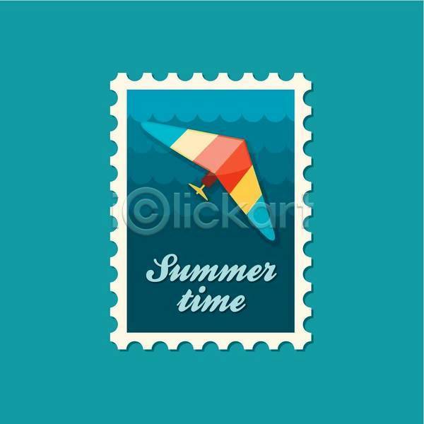 사람없음 EPS 일러스트 해외이미지 바다 여름(계절) 우표 파란색 행글라이더