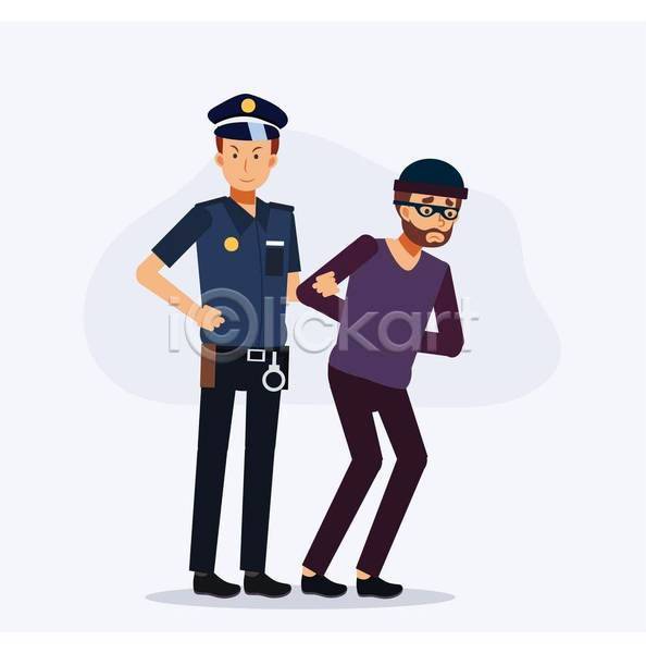 남자 두명 성인 성인남자만 EPS 일러스트 해외이미지 경찰 도둑 범죄인 안전 웃음 잡기 전신 찡그림 체포 컨셉 허리손