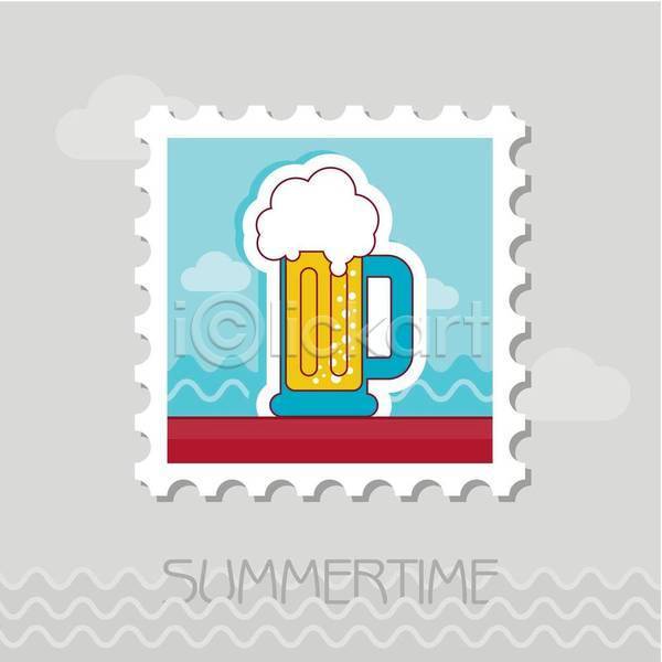 사람없음 EPS 일러스트 해외이미지 노란색 맥주 맥주거품 맥주잔 여름(계절) 우표 하늘색