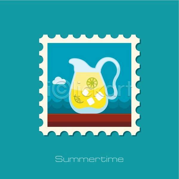 사람없음 EPS 일러스트 해외이미지 노란색 레모네이드 바다 여름(계절) 우표 파란색