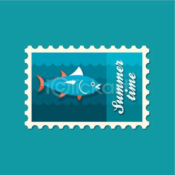 사람없음 EPS 일러스트 해외이미지 바다 여름(계절) 우표 참치 파란색 한마리