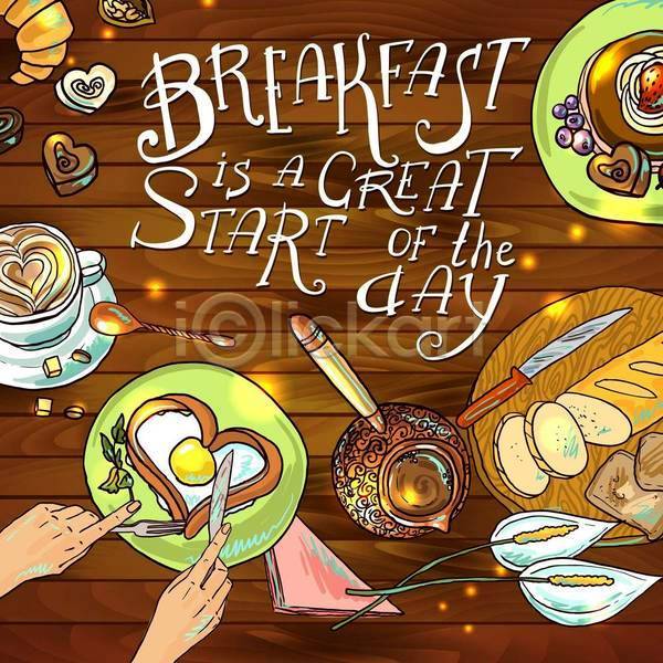 신체부위 EPS 일러스트 해외이미지 계란프라이 빵 손 아침식사 접시 커피 타이포그라피 팬케이크