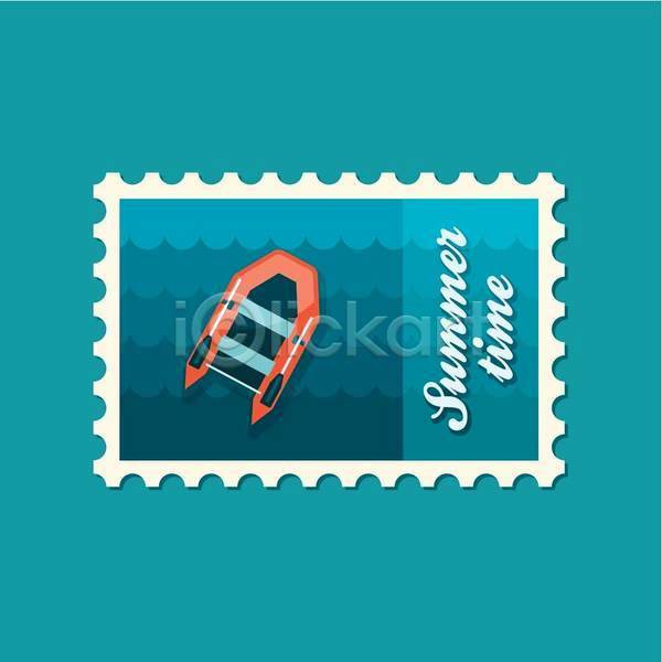 사람없음 EPS 일러스트 해외이미지 고무보트 바다 여름(계절) 우표 파란색