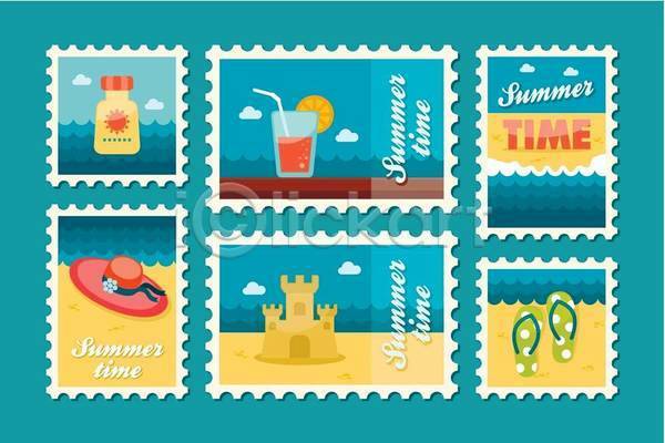 사람없음 EPS 일러스트 해외이미지 노란색 레몬 모래성 모자(잡화) 빨대 선크림 세트 여름(계절) 우표 쪼리 칵테일 파란색 해변