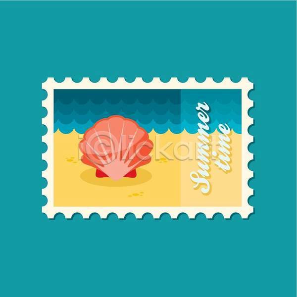 사람없음 EPS 일러스트 해외이미지 노란색 바다 여름(계절) 우표 조개 조개껍데기 코랄 파란색