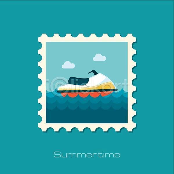 사람없음 EPS 일러스트 해외이미지 모터보트 바다 여름(계절) 우표 파란색