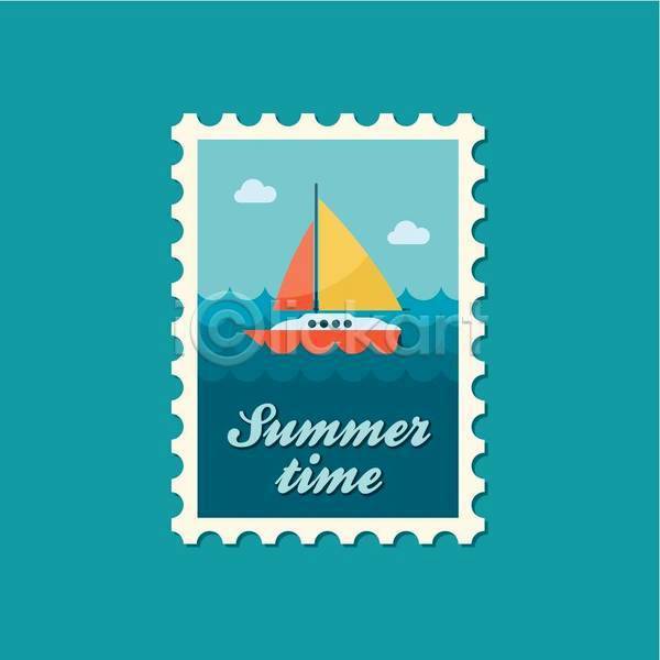 사람없음 EPS 일러스트 해외이미지 바다 여름(계절) 요트 우표 파란색