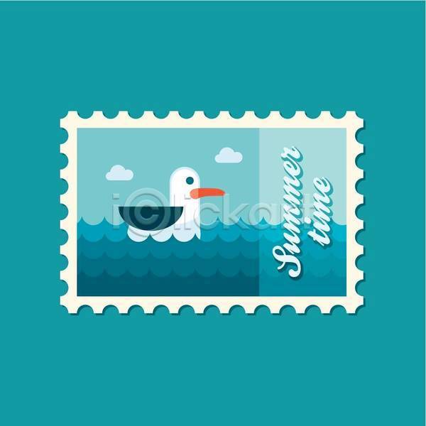 사람없음 EPS 일러스트 해외이미지 갈매기 바다 여름(계절) 우표 파란색 한마리