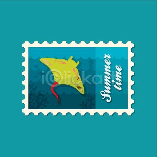 사람없음 EPS 일러스트 해외이미지 가오리 바다 여름(계절) 연두색 우표 파란색 한마리