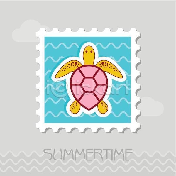사람없음 EPS 일러스트 해외이미지 노란색 바다거북 분홍색 우표 줄무늬 하늘색 한마리