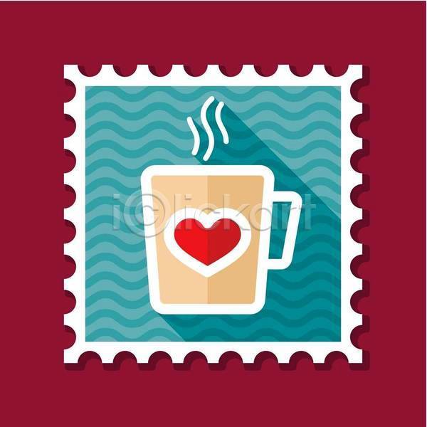 사랑 사람없음 EPS 일러스트 해외이미지 베이지색 빨간색 우표 줄무늬 차(음료) 컵 파란색 하트