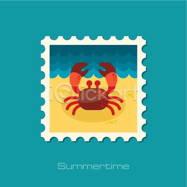 사람없음 EPS 일러스트 해외이미지 게 노란색 바다 빨간색 여름(계절) 우표 파란색 한마리