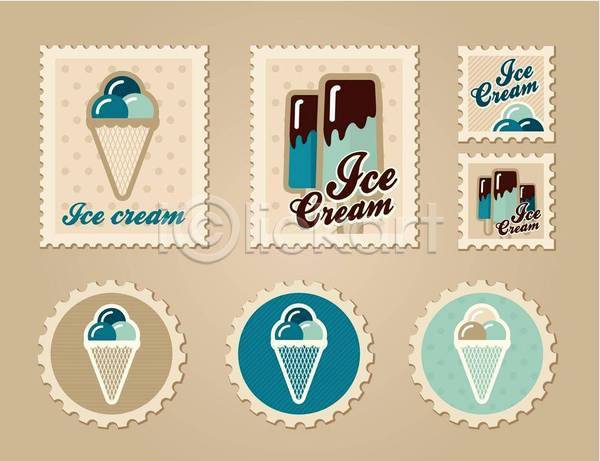 사람없음 EPS 일러스트 해외이미지 막대아이스크림 베이지색 사각형 아이스크림 우표 원형 콘아이스크림 파란색